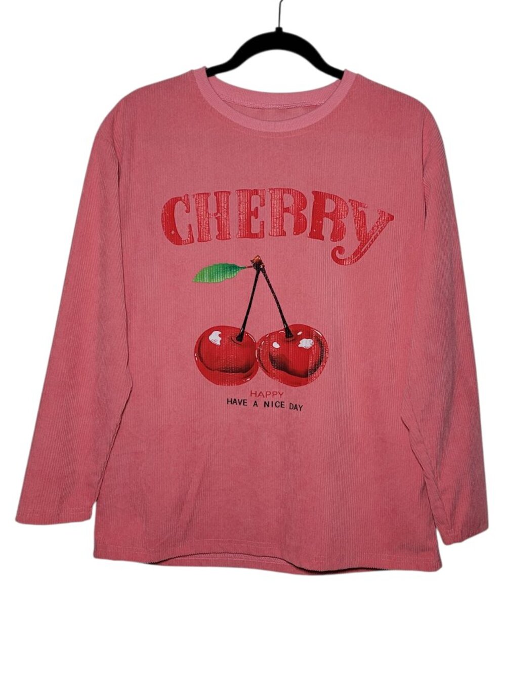 SHEIN Cherry Graphic Long Sleeve Corduroy Top Pink Pullover Drop Shoulder Small